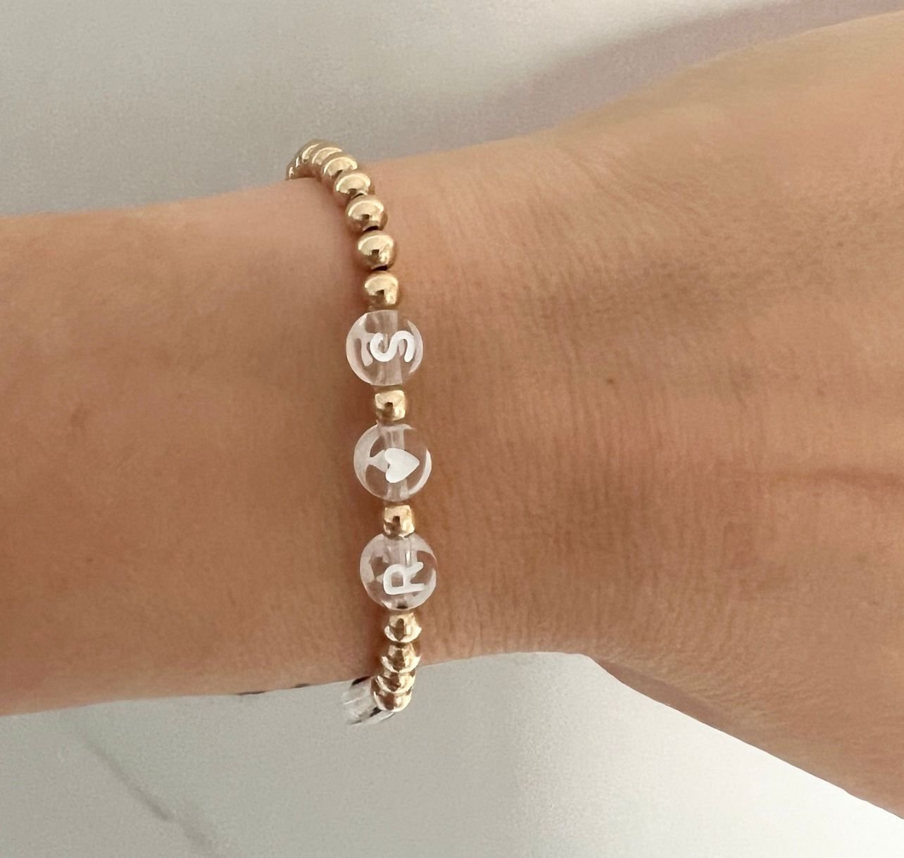 Luxe Clear Letter | Gold Filled, Sterling Silver Bracelet (4mm Beads) - Image 6