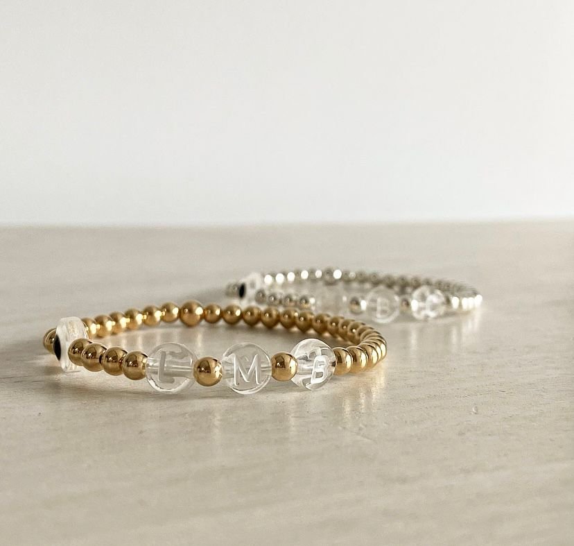 Luxe Clear Letter | Gold Filled, Sterling Silver Bracelet (4mm Beads) - Image 7