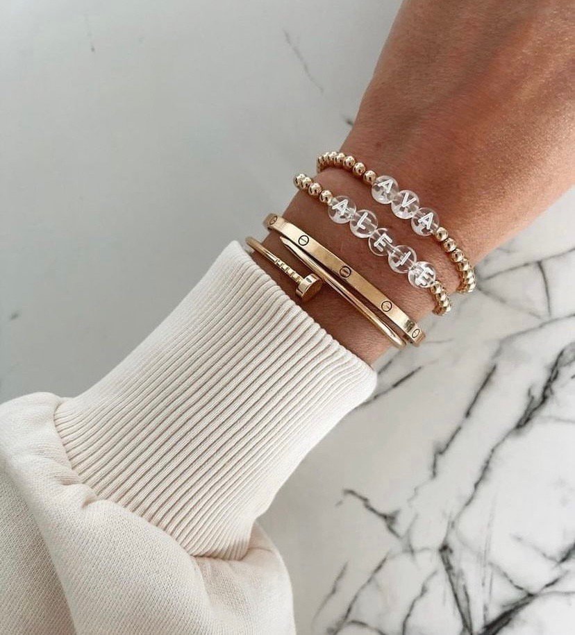 Luxe Clear Letter | Gold Filled, Sterling Silver Bracelet (4mm Beads)